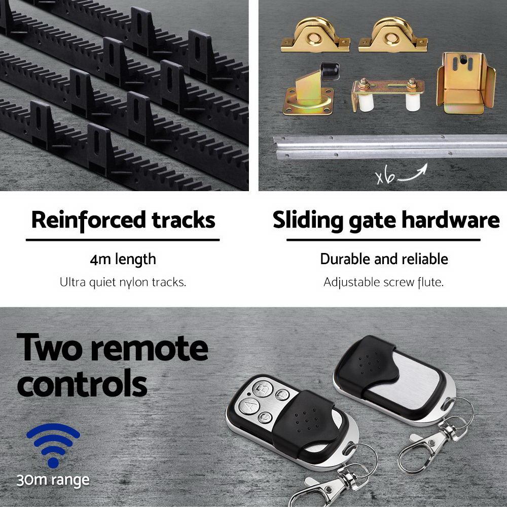 LockMaster Electric Sliding Gate Opener with hardware kit, designed for gates up to 1200KG, featuring remote control and emergency manual release.